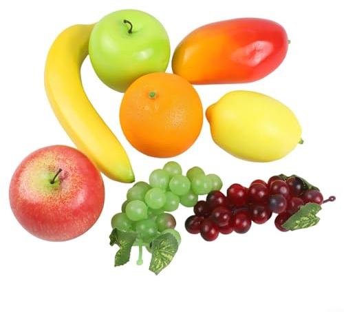 Feeshoppher Juego de 8 piezas de frutas artificiales realistas de plástico para decoración del hogar, cocina, comedor, bar, incluye limón, naranja, plátano, mango y otros modelos de frutas realistas