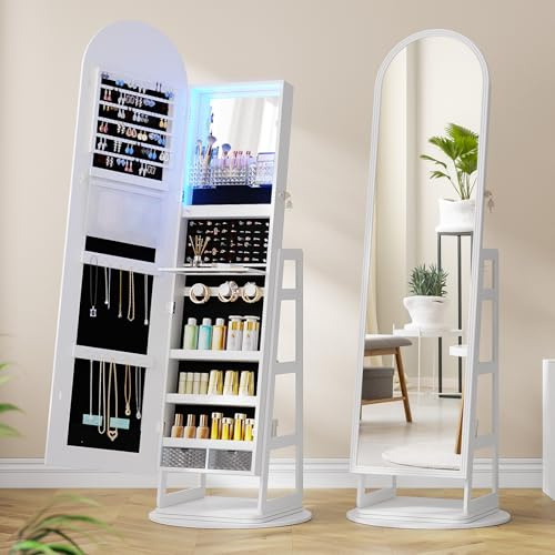 FREDEES Arched Mirror Jewelry Cabinet with Storage and LED Lights, White | Full Length Mirror & 360° Swivel, Lockable Standing Holder Organizer, Rear Storage Shelves & Hooks for Women, Girls