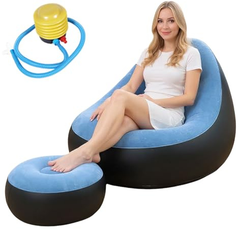 ALINUOYQ Twin Size Inflatable Sofa, Inflatable Lounger Blow Up Sofa with Air Pump, Comfortable Lounger Inflatables Couch Chair with Footstool for Indoor Outdoor Camping Beach
