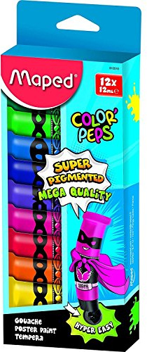 Maped - Boîte de 12 tubes de gouache couleurs super pigmentées, bouchon