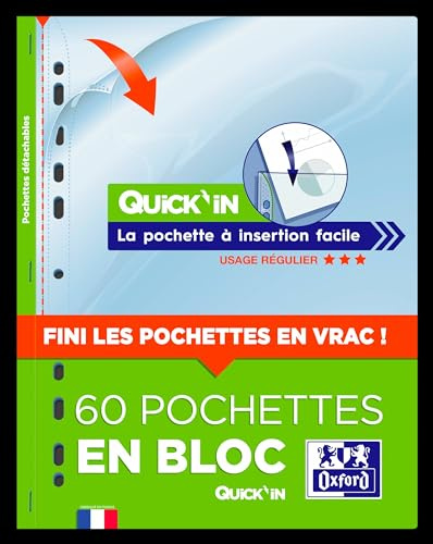 OXFORD Quick'in Bloc de 60 Pochettes Plastiques A4 Perforées insertion facile pour usage régulier