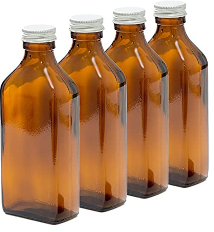 Aura 200ml Rectangular AMBER Glass Bottle with SILVER Lid - PACK of 4