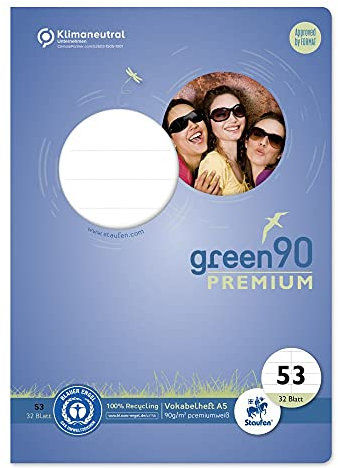 Staufen Green Vokabelheft - DIN A5, Lineatur 53 (liniert mit 1 Mittelstrich), 32 Blatt, premiumweißes 90g/m² Recyclingpapier, runde Ecken verhindern „Eselsohren“, 1 Stück
