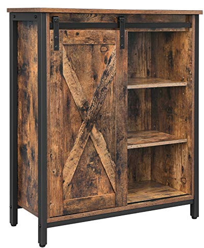 VASAGLE Sideboard, Küchenschrank, Schiebetür, verstellbare Ablagen, Badezimmerschrank, 70 x 30 x 80 cm, Industrie-Design, vintagebraun-schwarz LSC88BX