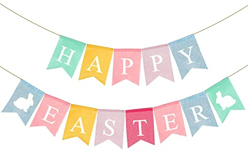 Happy Easter Banner Easter Chicken Egg Felt Happy Easter Bunny Banner Felt Easter Banner Garland for Easter Decorations, Spring Themed Party Favors Supplies, Happy Easter Day for Mantle Fireplace(2pc)