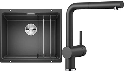 BLANCO Spül-Set in anthrazit – ETAGON 500-U – Spülbecken für 60 cm Unterschränke – Granitspüle aus SILGRANIT – Unterbau + Linus-S – Küchenarmatur in SILGRANIT-Look – mit herausziehbarem Auslauf