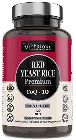 Vittalogy Lievito di Riso Rosso Premium. Riso al lievito rosso con Coenzima Q10. Monakolina K con estratto di cardo mariano, Policosanolo e Coenzima Q10. 120 Capsule