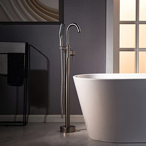 WOODBRIDGE F0023BNSQ WOODBRIDGEE High Flow Rate 8 GPM Freestanding Tub Filler Faucet with Hand Shower, Brushed Nickel