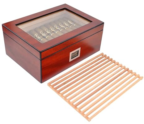 Eitida Desktop Humidor Case Holds 50-75 Cigar, Tempered Glass Top Display, Spanish Cedar Wood Storage Box with Divider& Air Flow Rack, Humidifier and Digital Thermo-Hygrometer, Sapele Cherry Finish