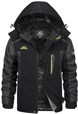 KEFITEVD Chaqueta Polar Senderismo Invierno para Hombre Chaquetas Esquí Impermeables Térmicas con Capucha Desmontable,Gris Negro,XL