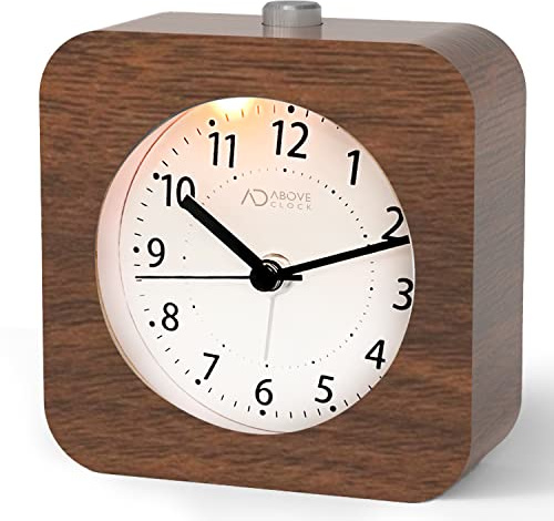 Väckarklocka analog utan tickande, trä med snooze, nattduksbord retro batteridriven [1 × AA-batteri krävs] - Naturligt trä i brunt