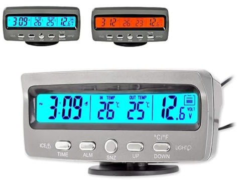 TOTMOX Multifunktionell smart digital biltermometer för bil, Fahrenheit Celsius utomhustermometer dubbel LCD-skärm med blå/orange LED-bakgrundsbelysning, klocka/kalender/spänningsfunktion