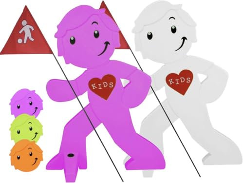 StreetBuddy - Warnfigur mit Fahne, reflektierender Warnaufsteller für Kindersicherheit - Achtung langsam Fahren - Vorsicht spielende Kinder - Schild Autofahrer Warnung (1x Magenta / 1x Weiß)