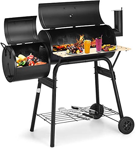 GOPLUS Holzkohlegrill mit Deckel, Grillwagen auf Rädern mit 2 Grillrost, Thermometer, Beistelltisch & Gitterregal, BBQ Grill für Picknick, Party, Camping, Garten & Terrasse, Schwarz