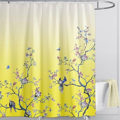 LIVETTY Yellow Bird Floral Shower Curtain 180cm × 200cm Mould Proof Butterfly Fabric Bathroom curtain For Women & Men With 12 Hooks Washable Quick-Drying Curtains