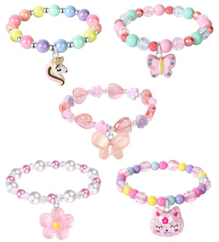 BGSHEMNI 5 Pieces Colorful Girls Unicorn Bracelets Rainbow Beaded Bracelet for Birthday Party Favors Flower Friendship Bracelet Jewelry Little Girls Toddler Costume Butterfly Jewelry