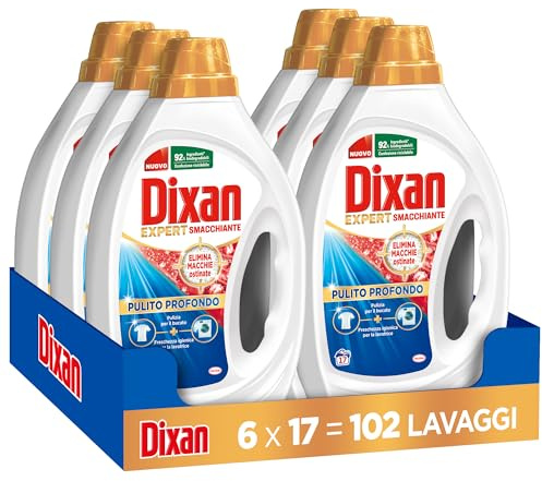 Dixan Liquido Expert Smacchiante Detersivo Lavatrice, 6 confezioni da 17 Lavaggi, Detersivo liquido per una pulizia profonda del bucato e freschezza igienica per lavatrice, Rimuove le macchie da 20°C
