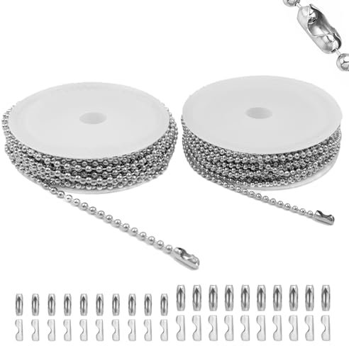 RAFIYU Stainless Steel Ball Chain - 32.8 Feet, Silver Ball Bead Chain with 40 Connectors, 2mm and 2.4mm Diameter for Jewellery Making, DIY Necklace, Dog Tag, Keychain