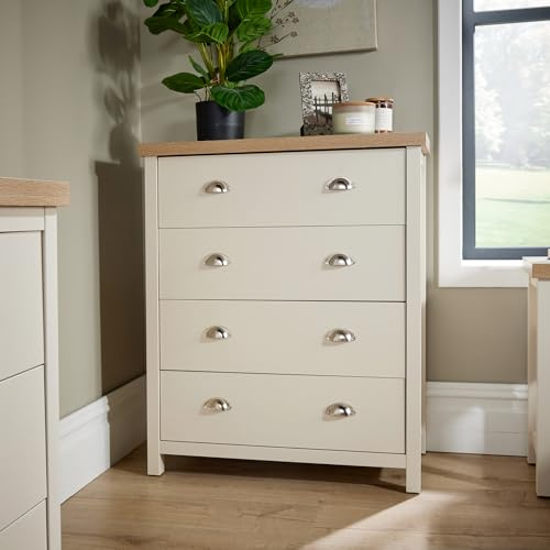 Home Source Wide Chest of Drawers Clothing Storage Unit, 4 Drawers, Cream, Sonoma Oak Effect
