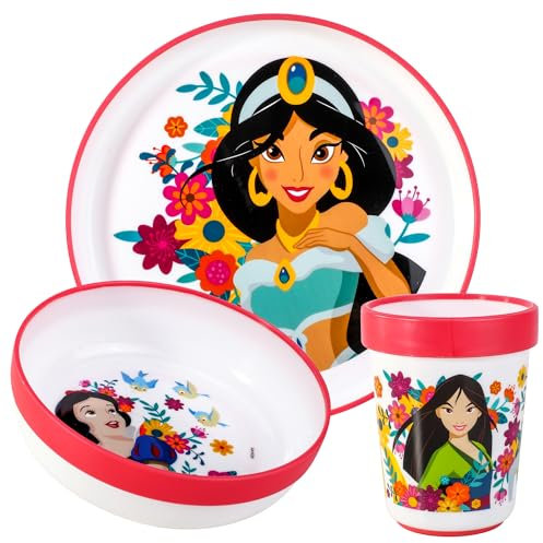 Disney Princess 3pcs Reusable Bicolor Premium Kids Dinner Tableware Set Plate, Bowl & Tumbler, BPA Free