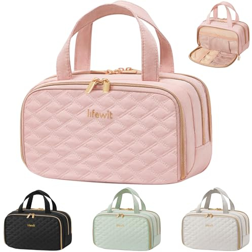 Lifewit Travel Toiletry Bag with Handle, Large Wide-Open Makeup Cosmetic Travel Bag for Toiletries with Multi-compartments, Vacation Essentials, Pink, 5L