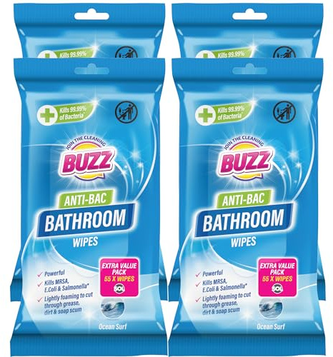 Buzz 220pk Bathroom Anti-Bac Wipes,Ocean Scents Antibacterial Toilet Cleaning Sheets, Ultra-Strong Large Multi-Surface Cloths for Floors, Desk, Kitchen, Soap Scum Remover, Household Disinfectant