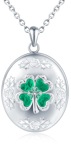 MICMIF Plata de ley 925 Collar Medallón Trébol en Verde/Negro/Rojo para Foto Personalizada, Colgante Oval Vintage con Cadena 45+5cm, Joyería Memorial Fotografía Locket para Mujer Niña
