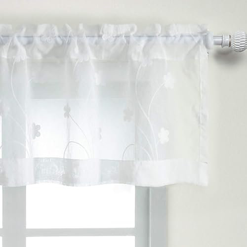 VOGOL White Floral Voile Valance - 60x14 Inch Sheer Vintage Curtain Panel, Lightweight Bedroom Valance for Victorian Terraces & Dining Rooms (Machine Washable)