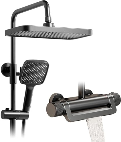 OihPaw Colonne de douche,Ensemble de colonne de douche 3 en 1 avec pomme de Douche à effet pluie de 330 x 220 mm,Colonne de douche thermostatique gris pistolet,Pommeau de douche réglable à 360°