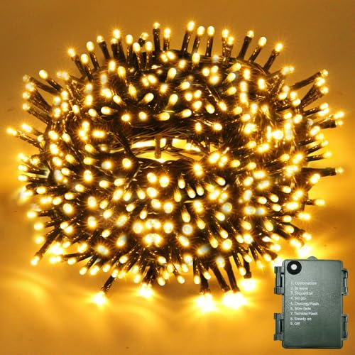 VSTKEN Luci Albero di Natale 200 LEDs 20M, Alimentata con Batteria, Catena Luminosa 8 Modalità Impermeabile IP44 Luci di Natale Decorative per Giardino, Balcone, Nozze, Natalizie Albero- Bianco Caldo