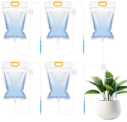 5 bolsas de riego por goteo para plantas de 3,5 L, sistema automático con interruptor de válvula ajustable, gotero para vacaciones, balcón