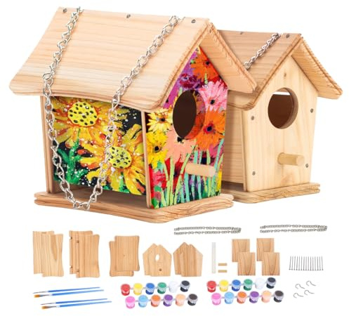 2pc DIY Birdhouse Kit for Kids, Cedar Wood Bird House Kits Bulk for Kids and Adults, Art Craft Outdoor Birdhouse, Solid Wood Weather Proof Material Painting Kit, Chain for Tree Hanging Age 8+
