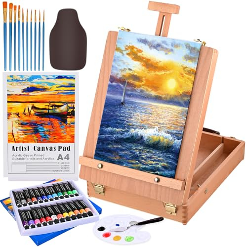 Cavalletto Pittura da Tavolo, Set 49 Pezzi con 24 Tubi Acrilici, 10 Pennelli, Spatola, Grembiuli, Tavolozza e 10 Tela A4, Kit Pittura per Professionisti e Hobbisti