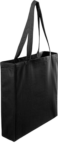 Wonky Line Bolsa Tote de Lona Algodón 300g/m² - Bolso Reutilizable Grande con Fuelles Laterales y Asas Largas 70cm - Bolsa Compra Ecológica Lavable 38x42x10cm - Negro