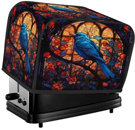 Stained Glass Art Bird Roses Toaster Cover 2 Slice, Waterproof Protective Oxford Fabric Small Kitchen Appliance Dust Cover with Pocket for Toaster Oven Coffee Machine Mixer