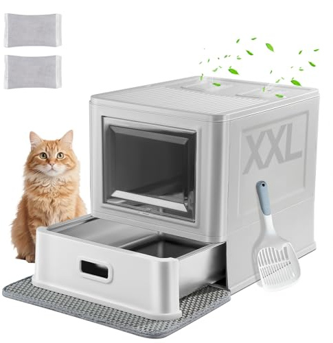 Marchul XXL stor kattsandbricka, innesluten rostfritt stål kattlåda med lock och låddesign, höga sidoväggar med anti-stänkbafflar, uppgraderad djupare bricka med skopa och matta, luktfri