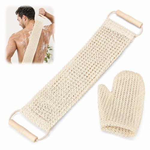 Guante exfoliante y correa para lavar la espalda de yute, set baño unisex, blanco
