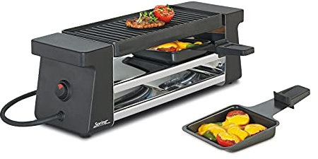 Spring Raclette 2 Personen COMPACT Schwarz, Tischgrill elektrisch, Antihaftbeschichtete Alu-Grillplatte, 2 Raclette Pfännchen & Spatel, Abstellebene, 34,5×10,5×11,5 cm, 400W, Raclette Grill