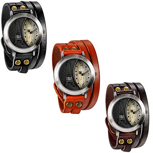 JewelryWe Damenuhr Eiffelturm Leder Armbanduhr: 3pcs Retro Eiffelturm Design mit Strass Analog Quarz Armbanduhr Damen Herren Lederarmband Wickelarmband Lässige Uhr mit Einfach Digital Zifferblatt