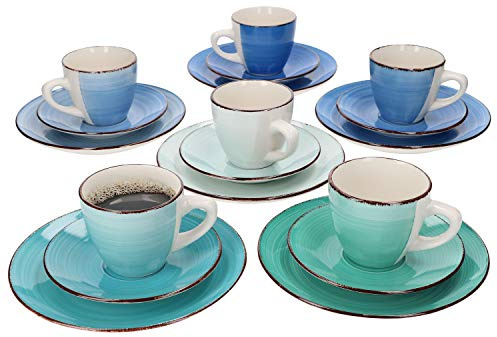 MamboCat 18-Teiliges Kaffee-Service Blue Curacao - Geschirr-Set für 6 Personen, Handbemalt - Steingut Mit Tassen, Unterteller, Kuchenteller - Buntes Set