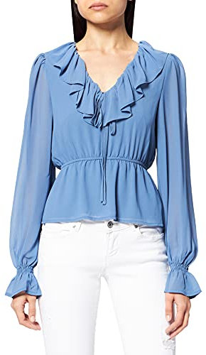 NA-KD Damen Chiffonbluse mit Rüschen, V-Ausschnitt, blau, 32