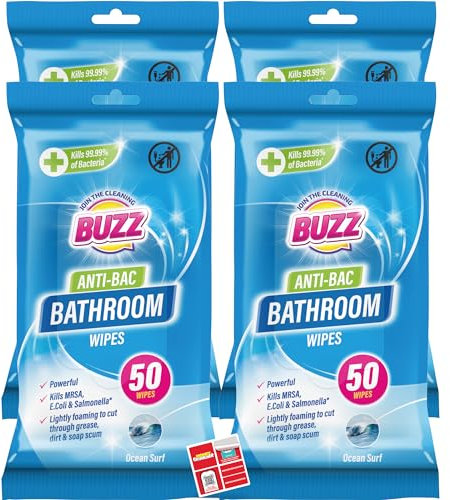 Buzz 200pk Bathroom Anti-Bac Wipes, Antibacterial Toilet Cleaning Sheets, Ultra-Strong Large Multi-Surface Cloths for Floors, Desk, Kitchen, Soap Scum Remover, Household Disinfectant
