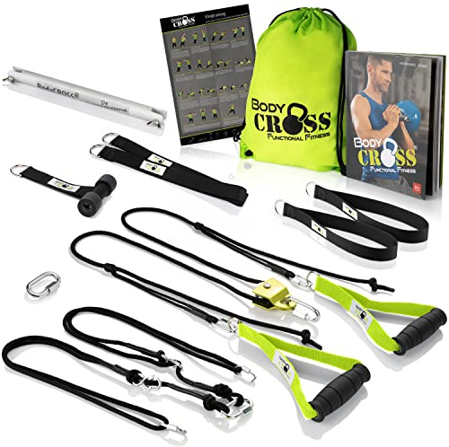 Premium sling-tränare komplett set, tillverkad i Tyskland, testad och certifierad, 10 års garanti, sling-tränare styrketräningsset för hem och utomhus med dörrankare, remhjul, fäste