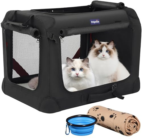Petprsco Großer Katzentransportbox für 2 Katzen oder kleine Hunde, weicher Haustier-Transportkorb 60x42x42 cm zum Reisen mit Warmer Decke, Faltbarer Schüssel und waschbarem Pad