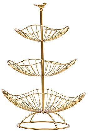 Cesta de frutas de 3 niveles dispensador de frutas de metal cuenco de fruta cesta de verduras estante de hierro soporte decorativo bandeja para tartas plato para servir cesta de galleta (dorado)
