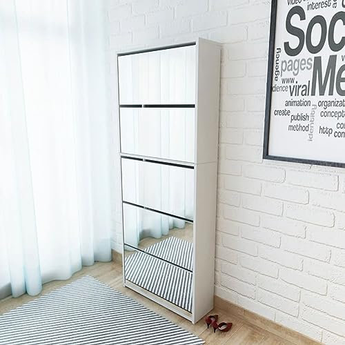 Festnight Zapatero con Espejo Zapatero Estrecho 63 x 17 x 169,5 cm Mueble Recibidor 5 Puertas Abatibles Mueble Zapatero Organizador de Zapatos Blanco