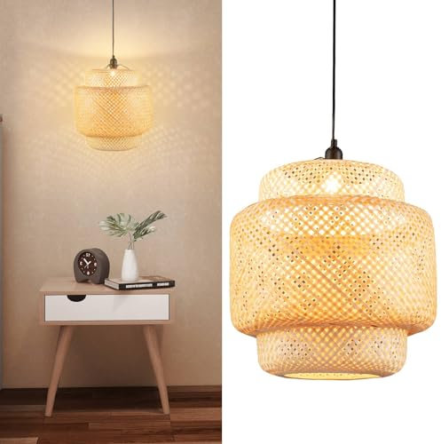 GiantexUK Bamboo Pendant Light, Height Adjustable Ceiling Fitting Light Fixtures with E27 Bulbs Holder & Handwoven Lampshade, Suspension Hanging Lamp for Living Room Lounge Restaurant