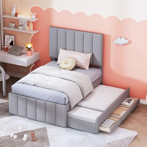 PUGSDRLY Lit 90x200 avec 3 tiroirs et lit gigogne 90x190cm,Lit 1 Place avec Sommier à Lattes,Tissu de Lin,Tête Capitonné,pour Enfant Adolescent Adulte,sans Matelas (Gray)