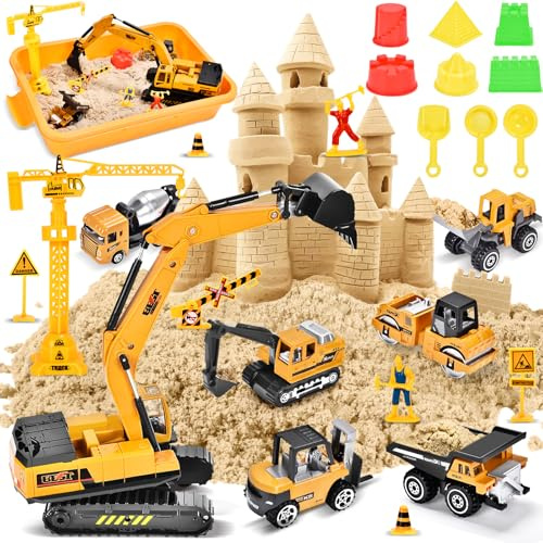Herenear Sable pour enfants, chantiers de construction, valise avec pelleteuse à chenilles et 6 véhicules de chantier, jouet de sable sensoriel pour garçons et filles de 3 à 7 ans et plus