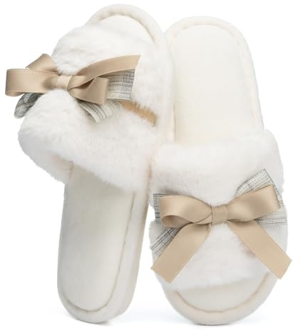 GOEWY House Slippers for Women Open Toe Fuzzy Cute Bow Slippers with Memory Foam Fluffy Cozy Birthday Gifts for Women Mom Indoor and Outdoor Size 7 8 Beige